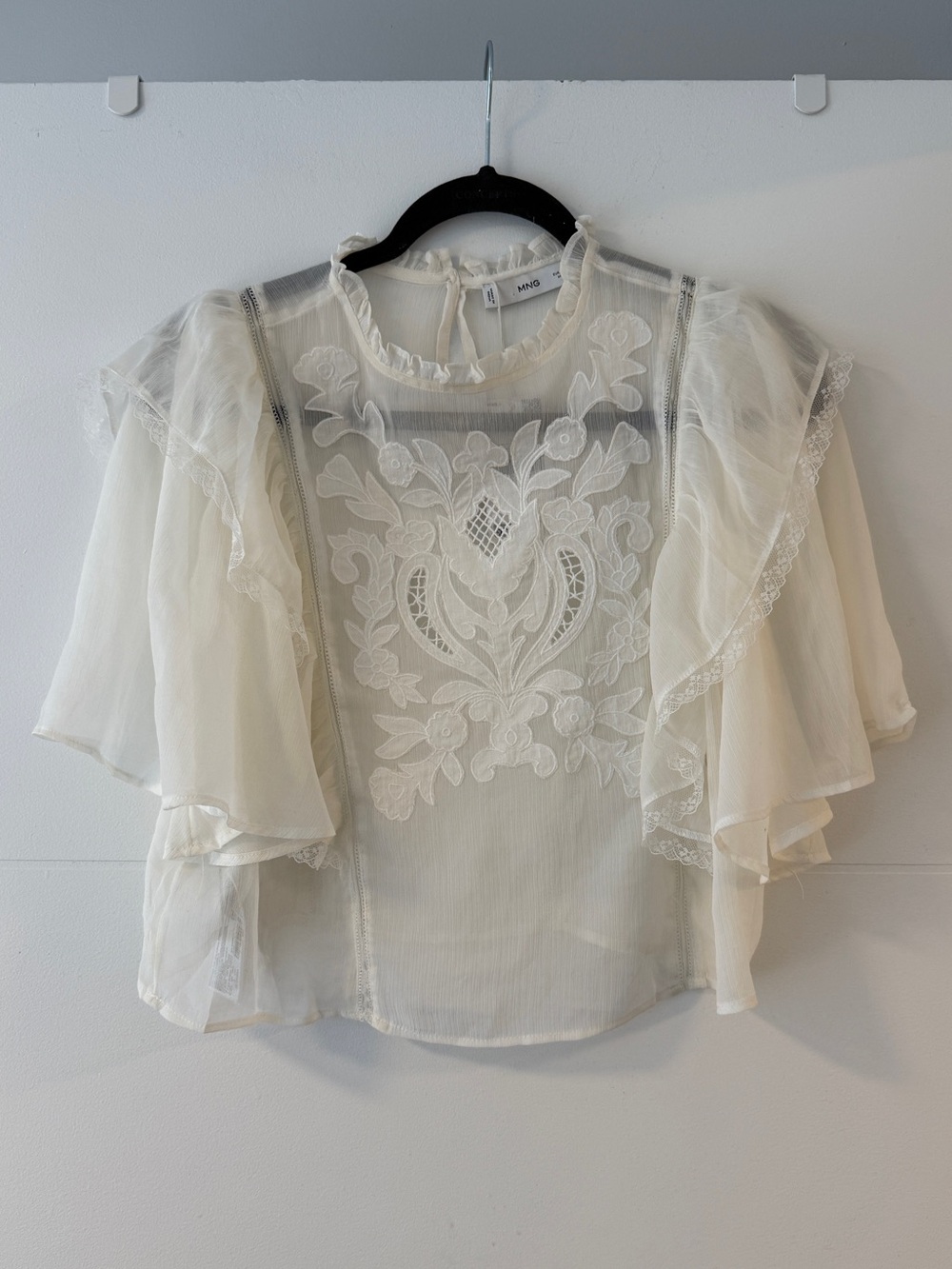Mango MNG White Embroidered Lace Ruffle Blouse NWT S